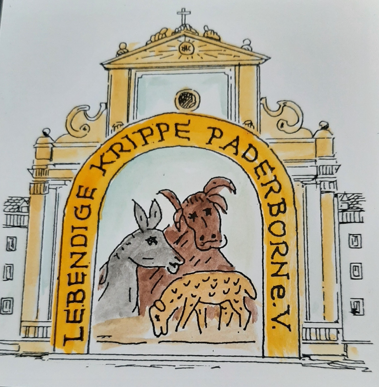 Lebendige Krippe Paderborn e.V. – Illustration mit Esel, Rind und Schaf vor Portal
